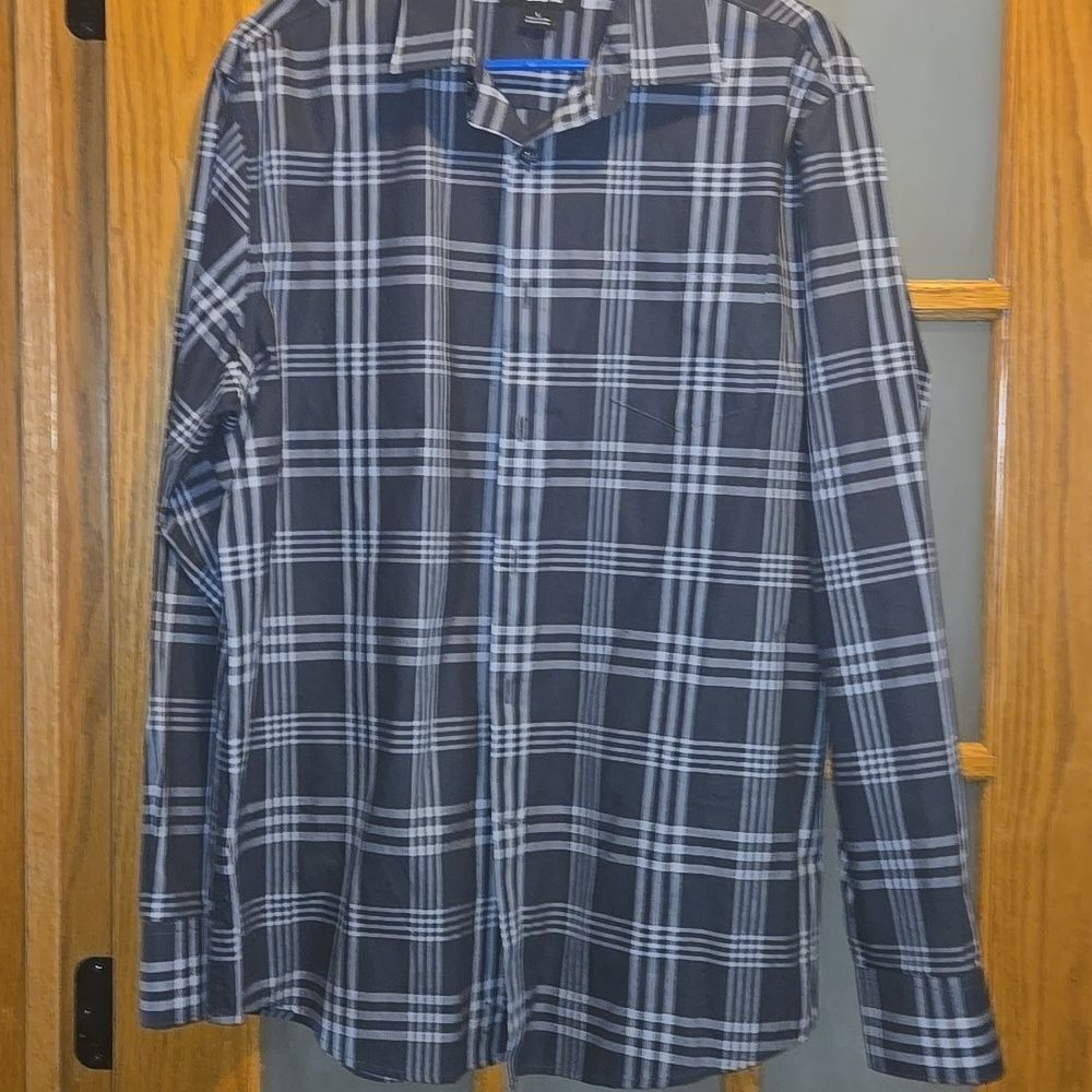 Claiborne Mens large button up plaid black grey work holiday shirt long sleeve